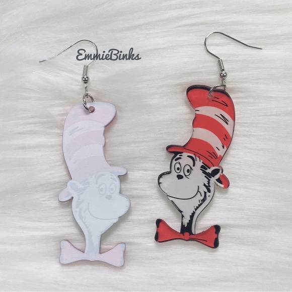 ✨3for$38 New Cat In The Hat Dr. Seuss Illustrated Character Dangle Earrings - Picture 7 of 11